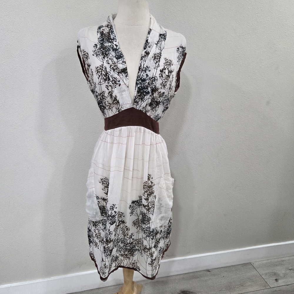 HARKHAM Sleeveless  Cream Dress with Brown Waistband